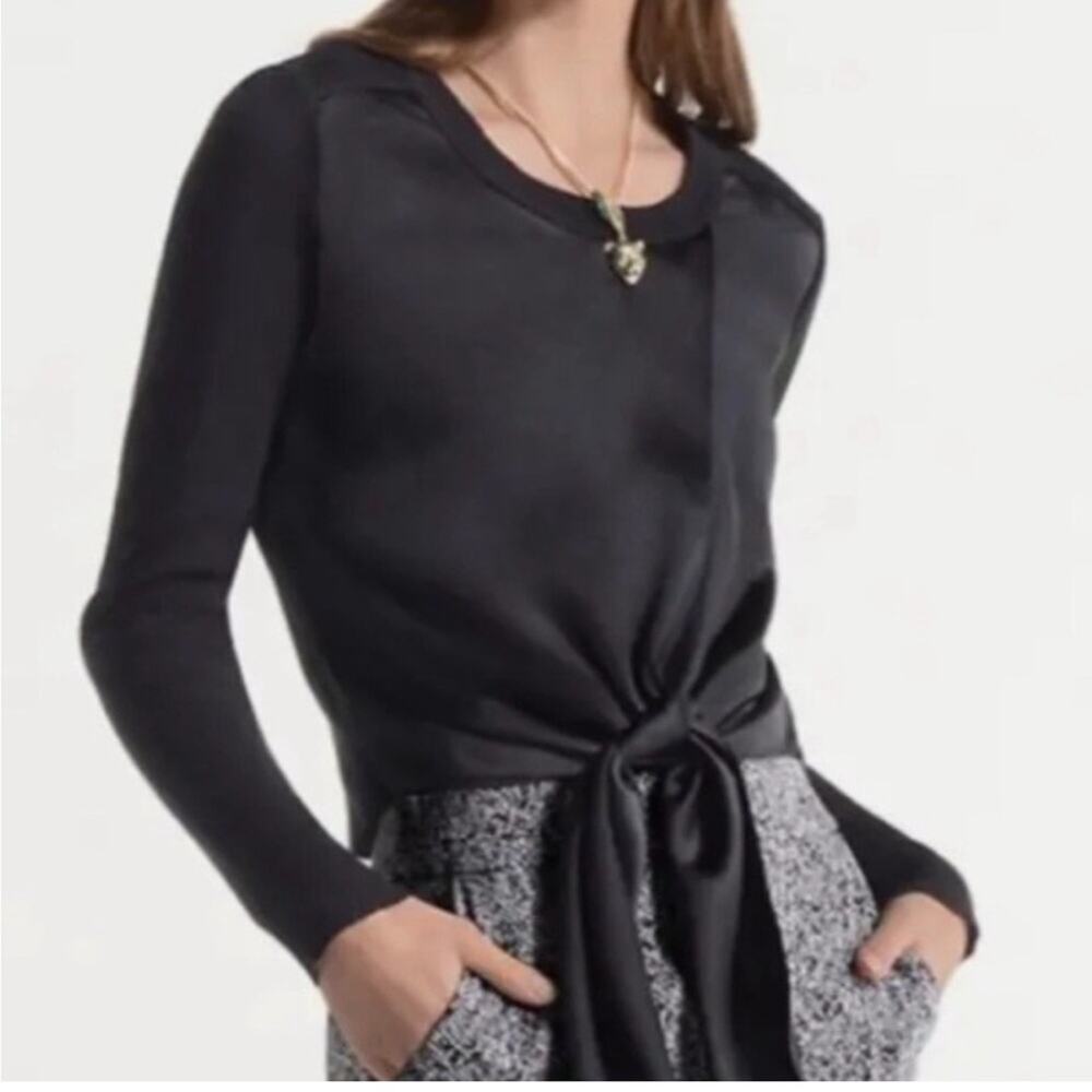Cabi Crosstie black silky tie front knit back top size Medium #4288